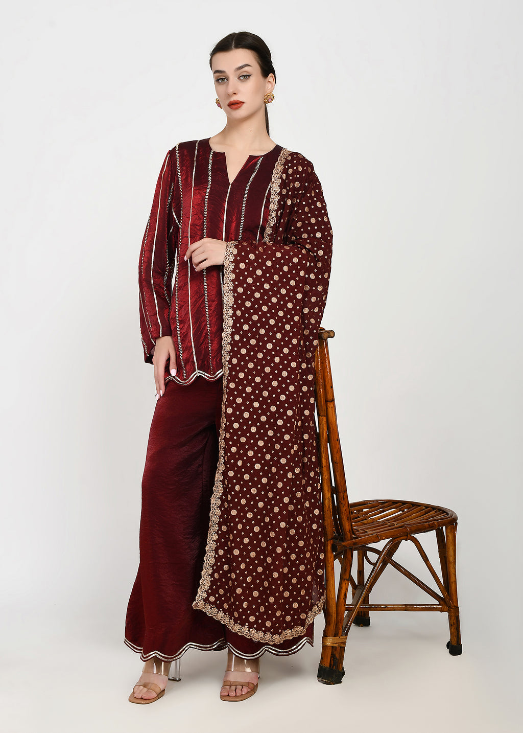 Royale Crimson Cutwork Kurta & Bellbottom Set with Banarasi Dupatta