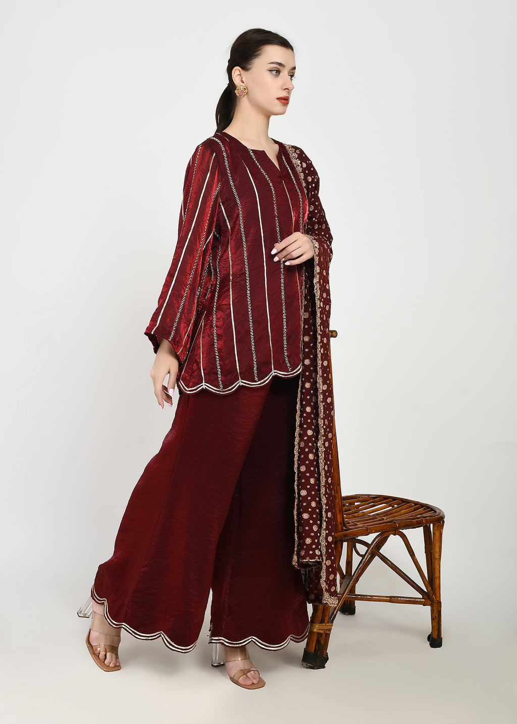 Royale Crimson Cutwork Kurta & Bellbottom Set with Banarasi Dupatta
