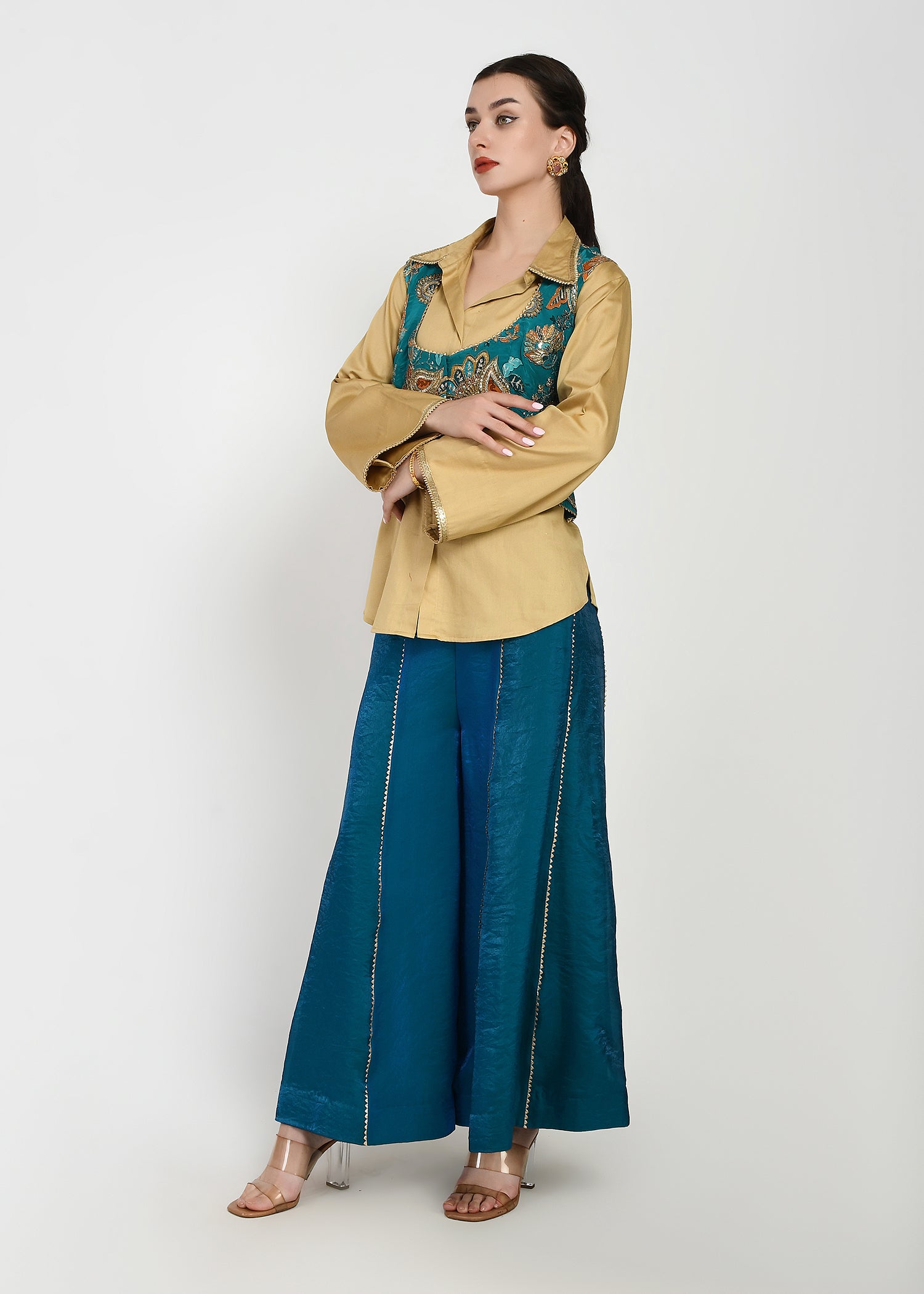 Shirt, Jacket & Sharara Three-Piece Set – Teal & Gold