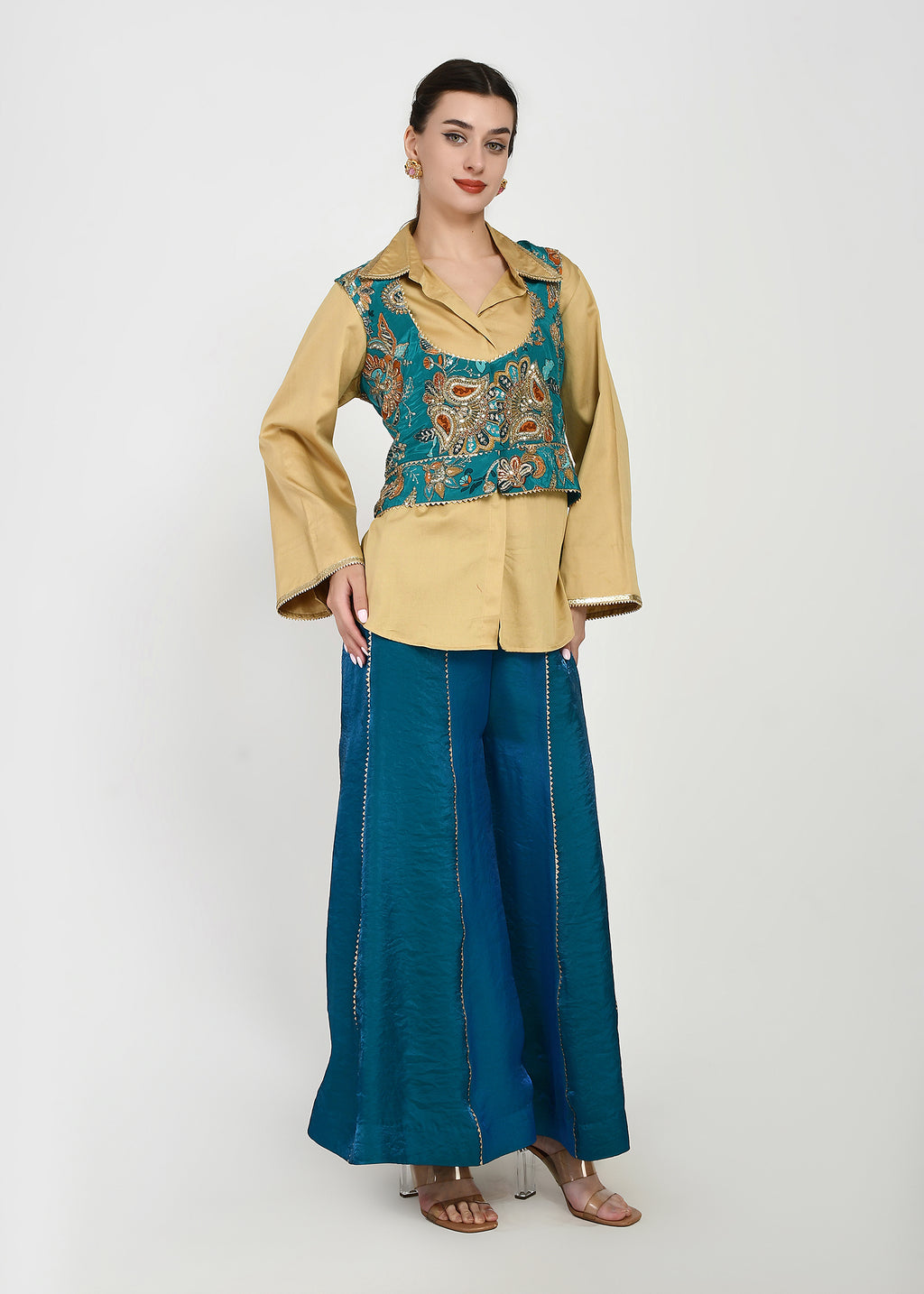 Shirt, Jacket & Sharara Three-Piece Set – Teal & Gold
