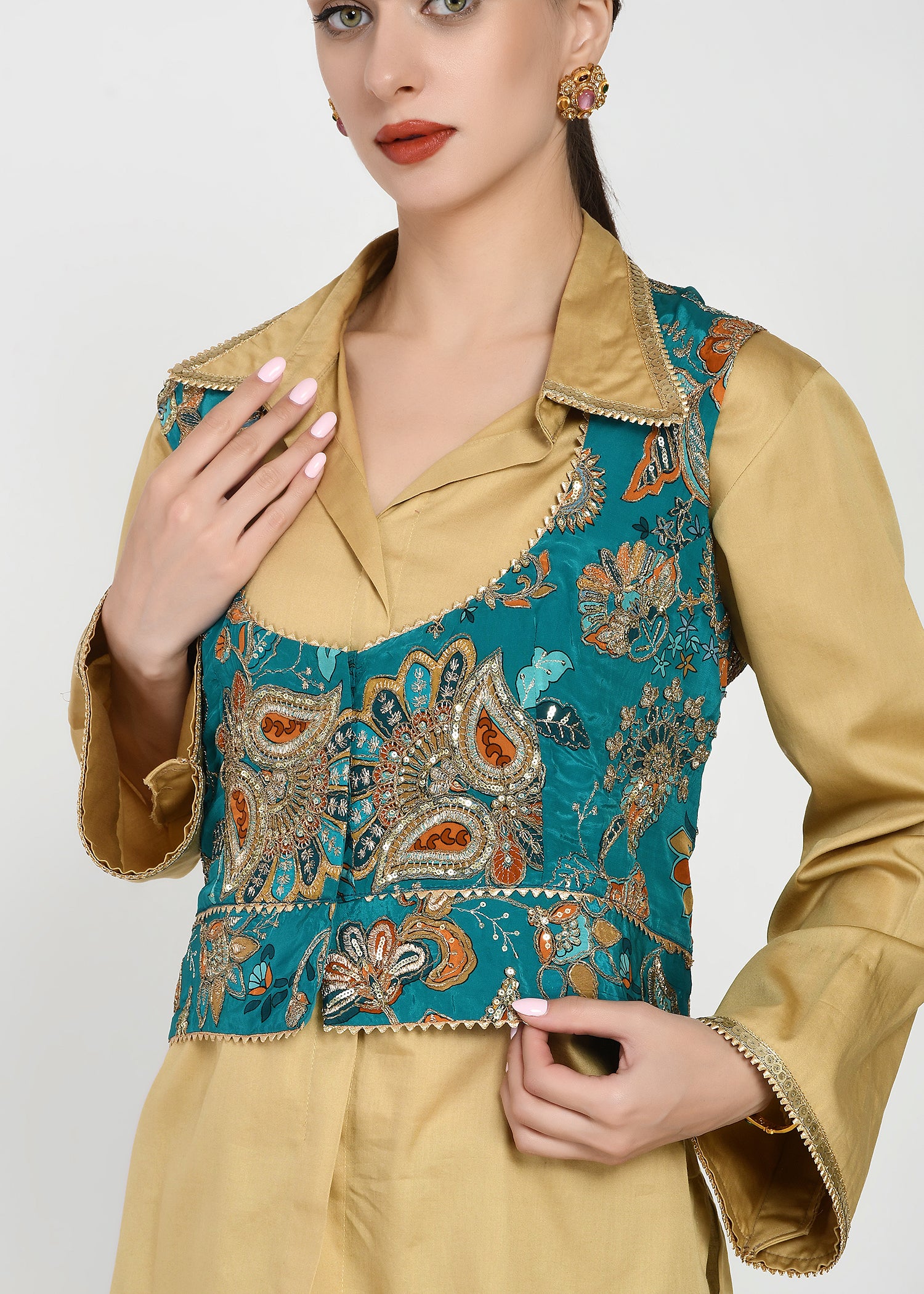 Shirt, Jacket & Sharara Three-Piece Set – Teal & Gold