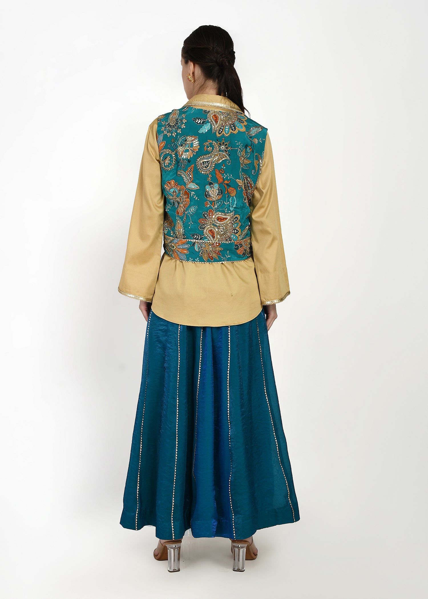 Shirt, Jacket & Sharara Three-Piece Set – Teal & Gold