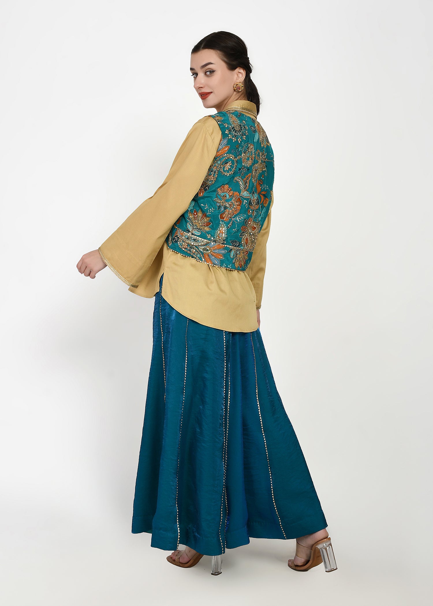 Shirt, Jacket & Sharara Three-Piece Set – Teal & Gold