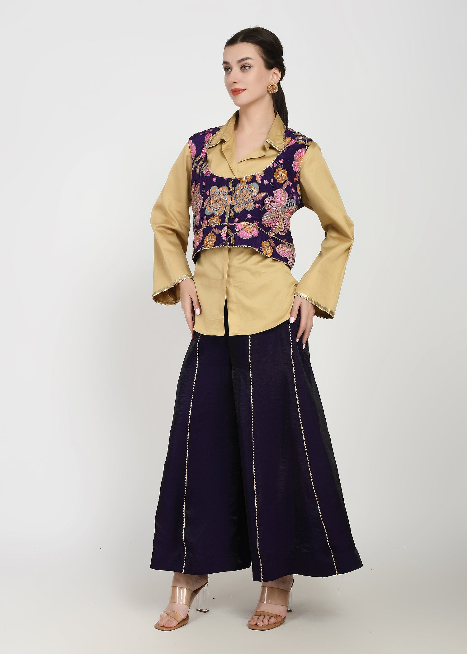 Shirt, Jacket & Sharara Three-Piece Set – Purple & Floral