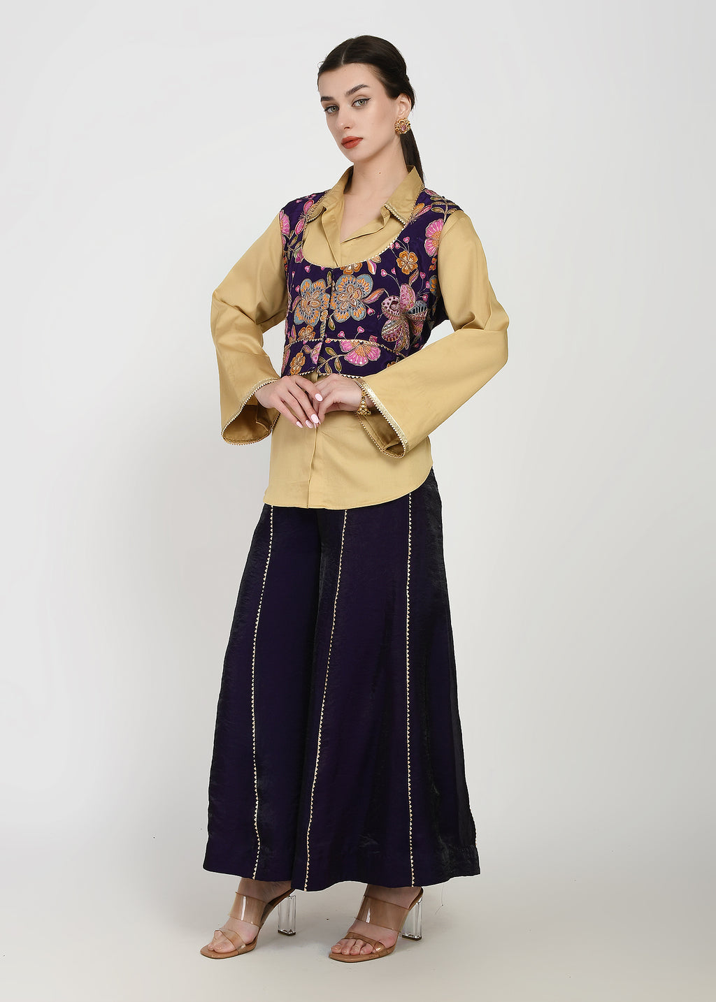 Shirt, Jacket & Sharara Three-Piece Set – Purple & Floral