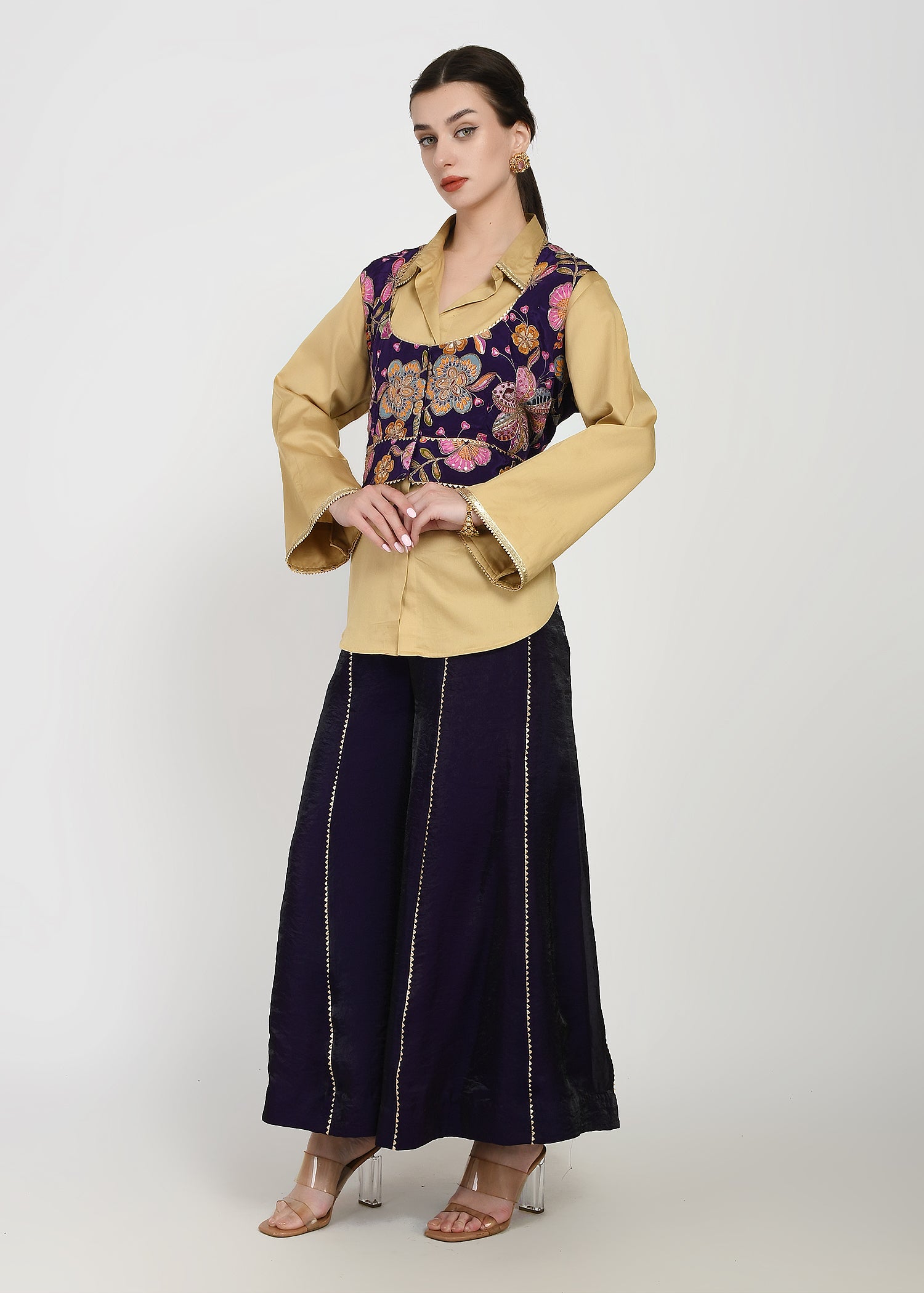 Shirt, Jacket & Sharara Three-Piece Set – Purple & Floral