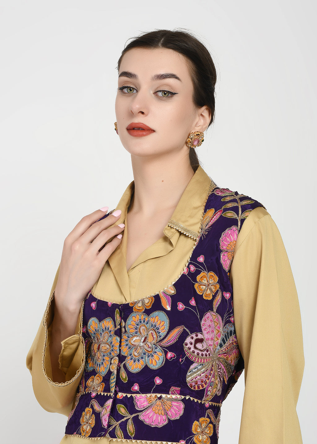 Shirt, Jacket & Sharara Three-Piece Set – Purple & Floral