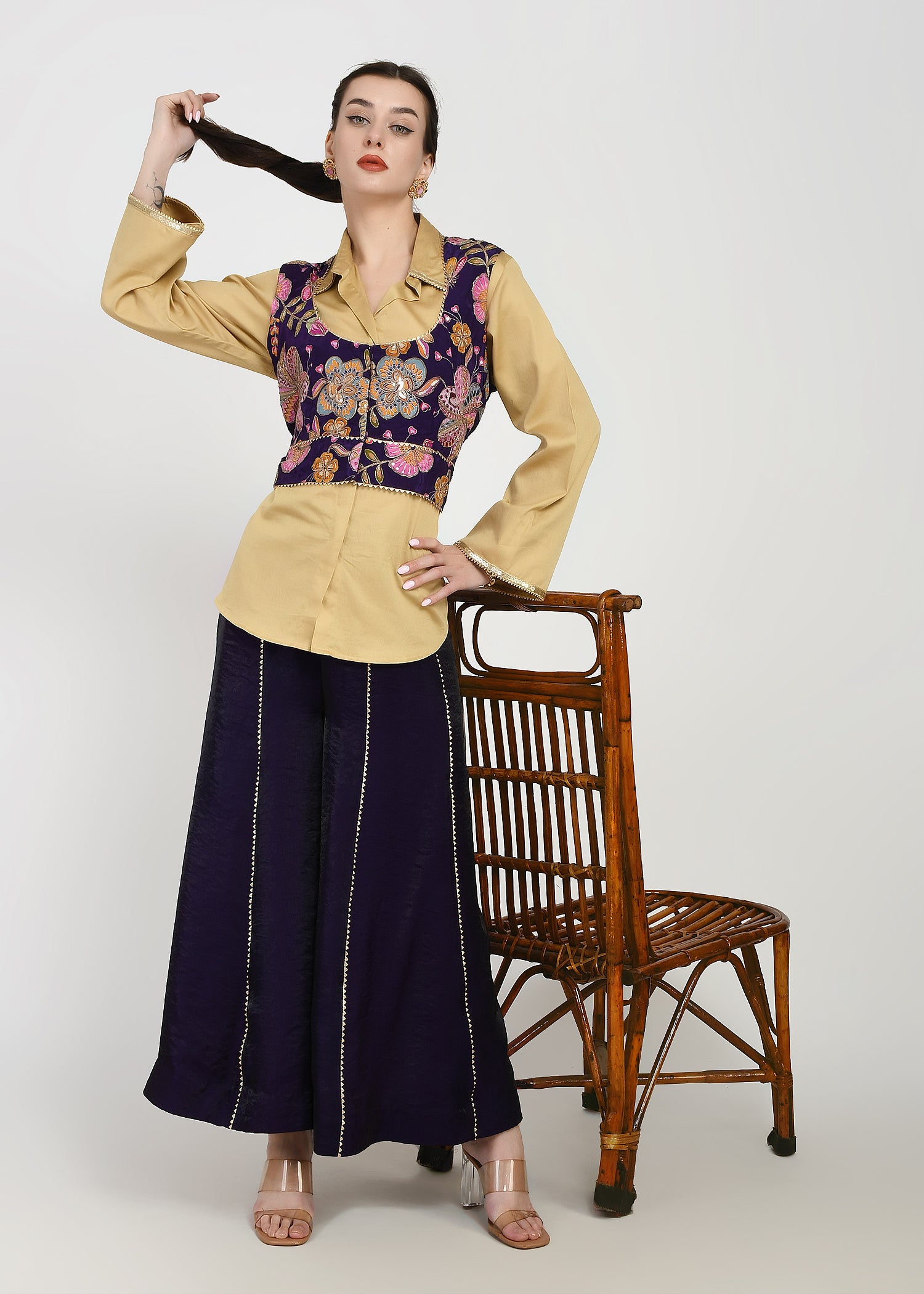 Shirt, Jacket & Sharara Three-Piece Set – Purple & Floral