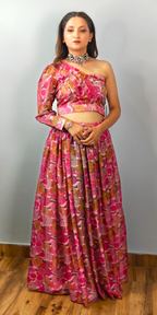 Fuchsia Flora One-Shoulder Crop Top & Skirt Set