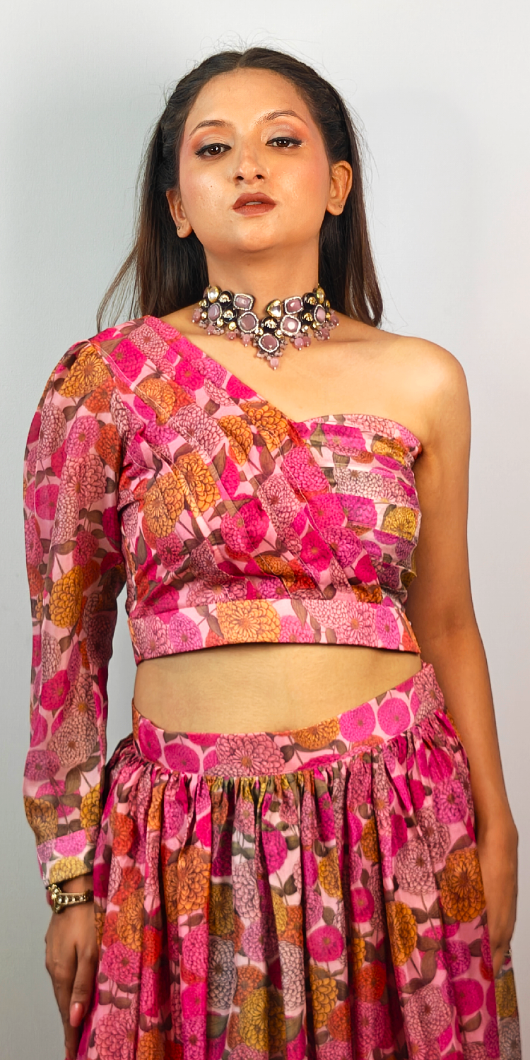 Fuchsia Flora One-Shoulder Crop Top & Skirt Set