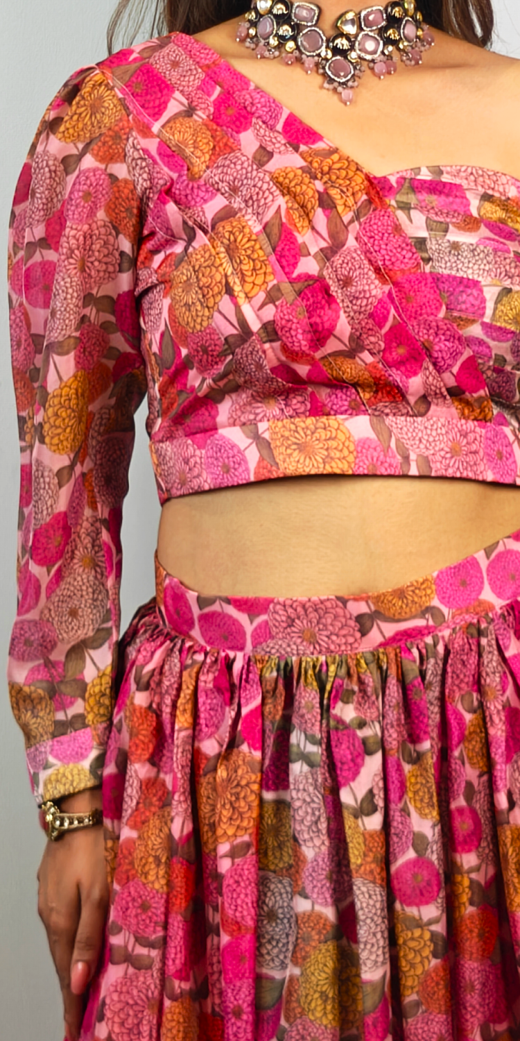 Fuchsia Flora One-Shoulder Crop Top & Skirt Set