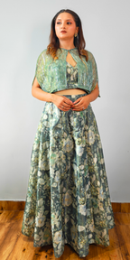 Green Enchanted Bloom Crop-top Skirt & Cape Set