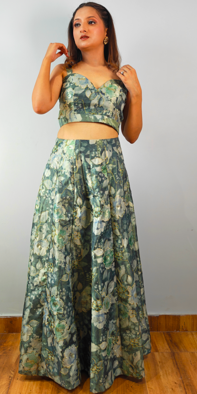 Green Enchanted Bloom Crop-top Skirt & Cape Set