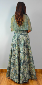 Green Enchanted Bloom Crop-top Skirt & Cape Set