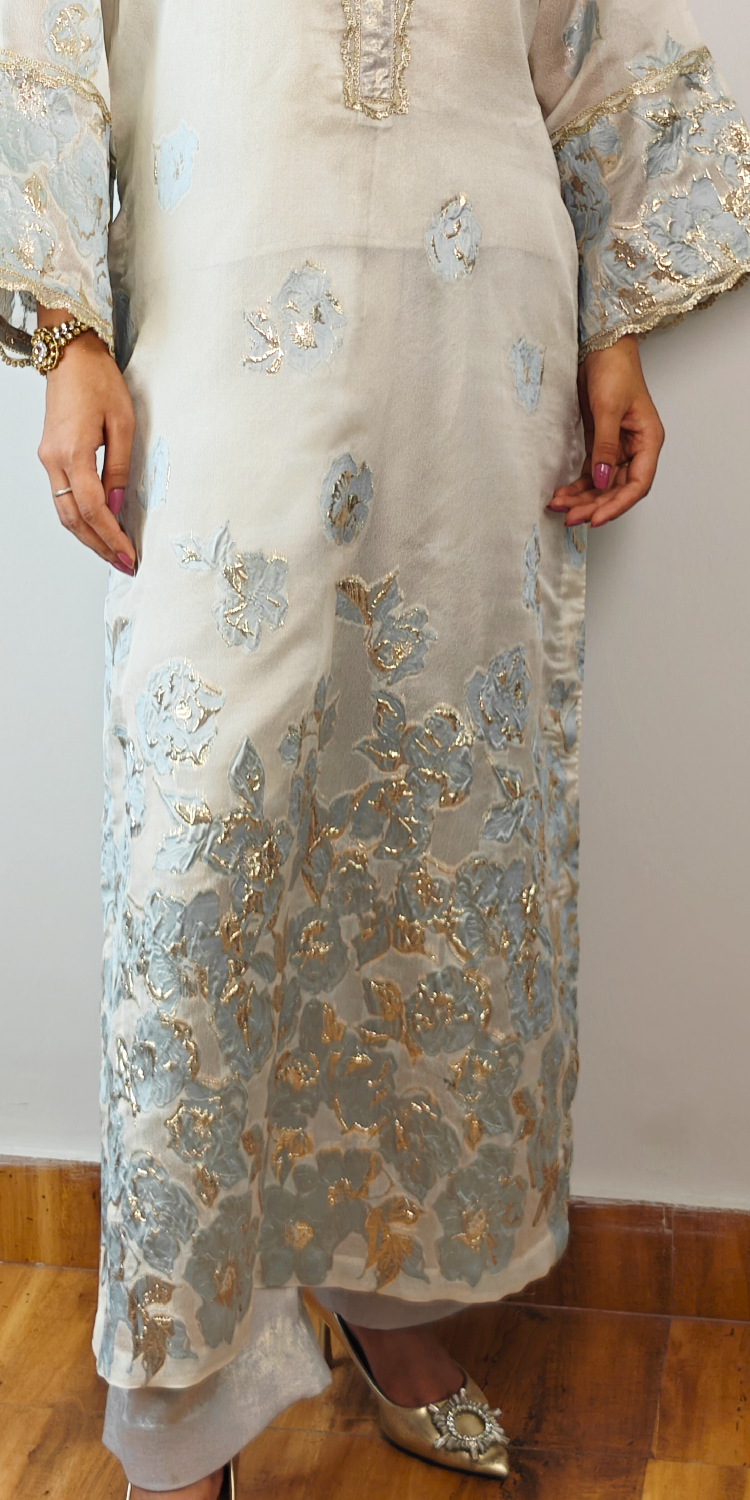 Powder Blue & Ivory Embellished Long Kurta Coord Set