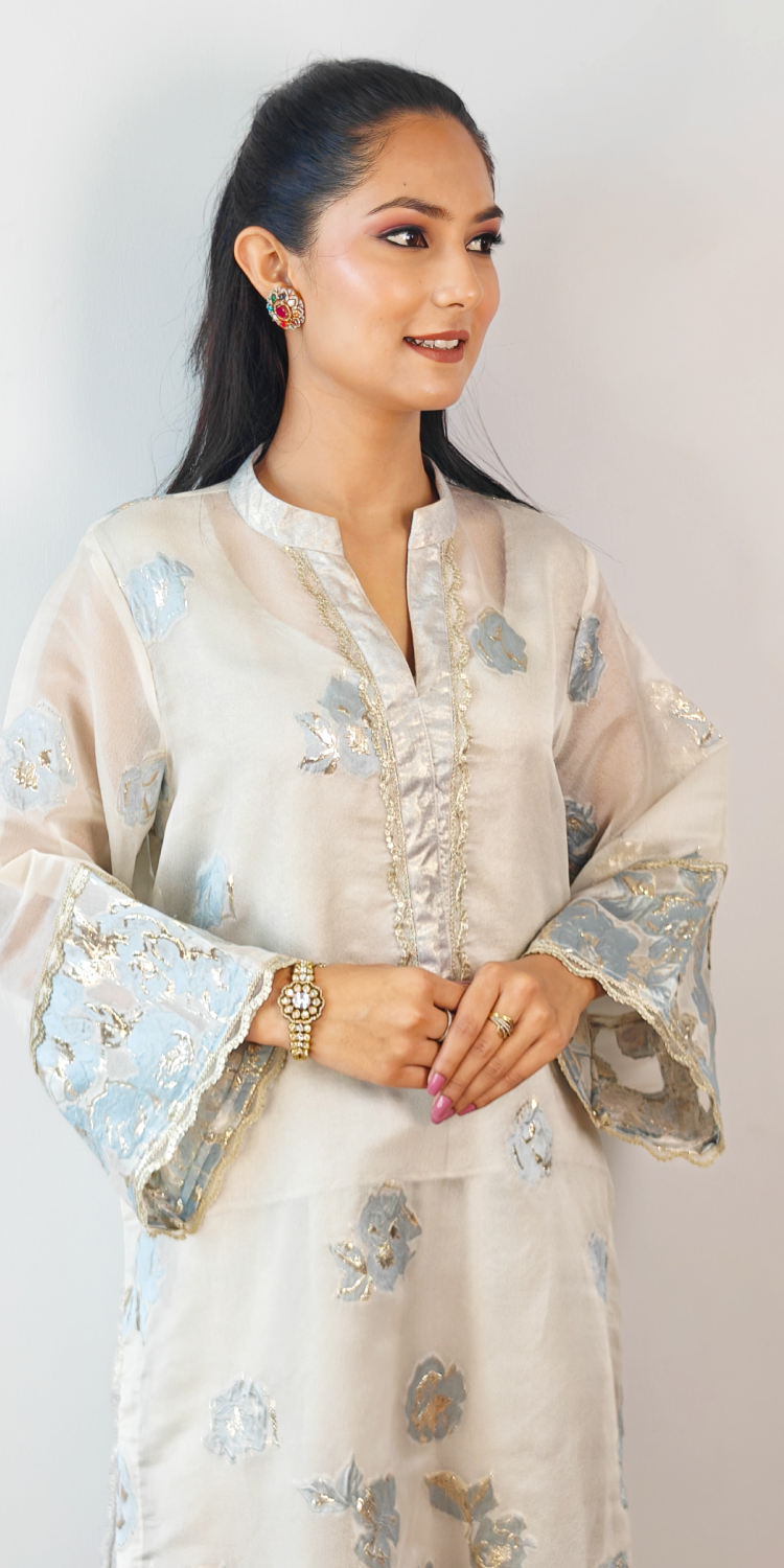 Powder Blue & Ivory Embellished Long Kurta Coord Set