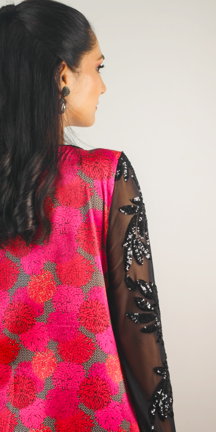 Fuschia & Black High-Low Kurta & Pants Coord Set