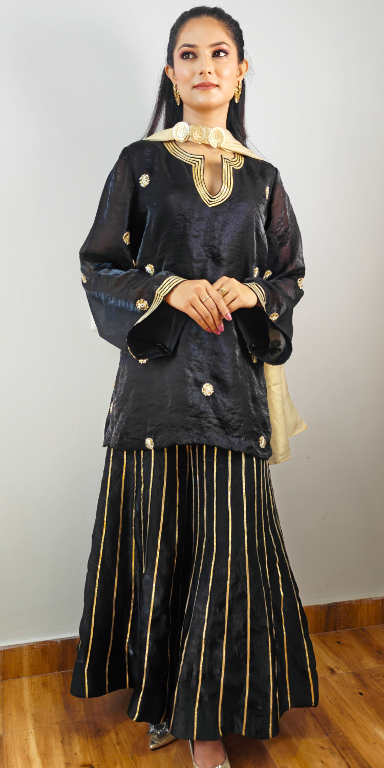 Black Opulence Classic Sharara Set with Gota Detailing
