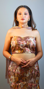 Mocha Gold Whispers of Spring crop-top skirt and cape Ensemble