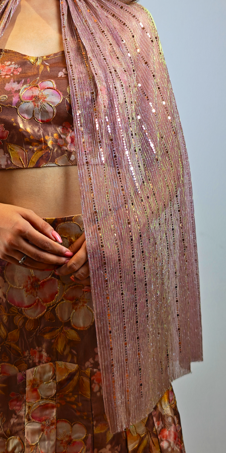 Mocha Gold Whispers of Spring crop-top skirt and cape Ensemble