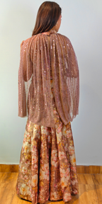 Mocha Gold Whispers of Spring crop-top skirt and cape Ensemble