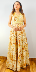 Sunset Hues Yellow Floral Crop-top Skirt Set