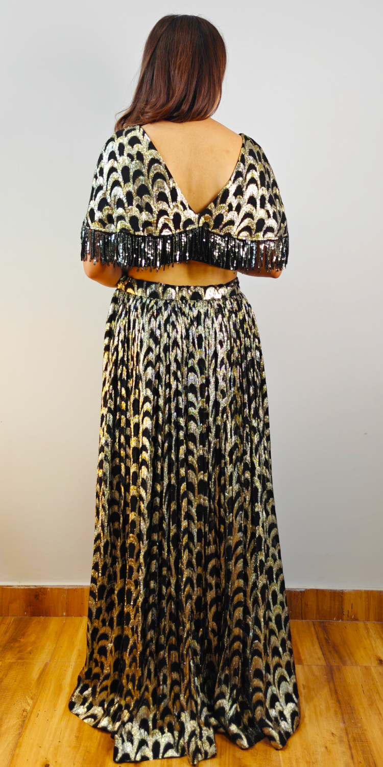 Ethereal Black & Gold Zari Crop-top Skirt Ensemble