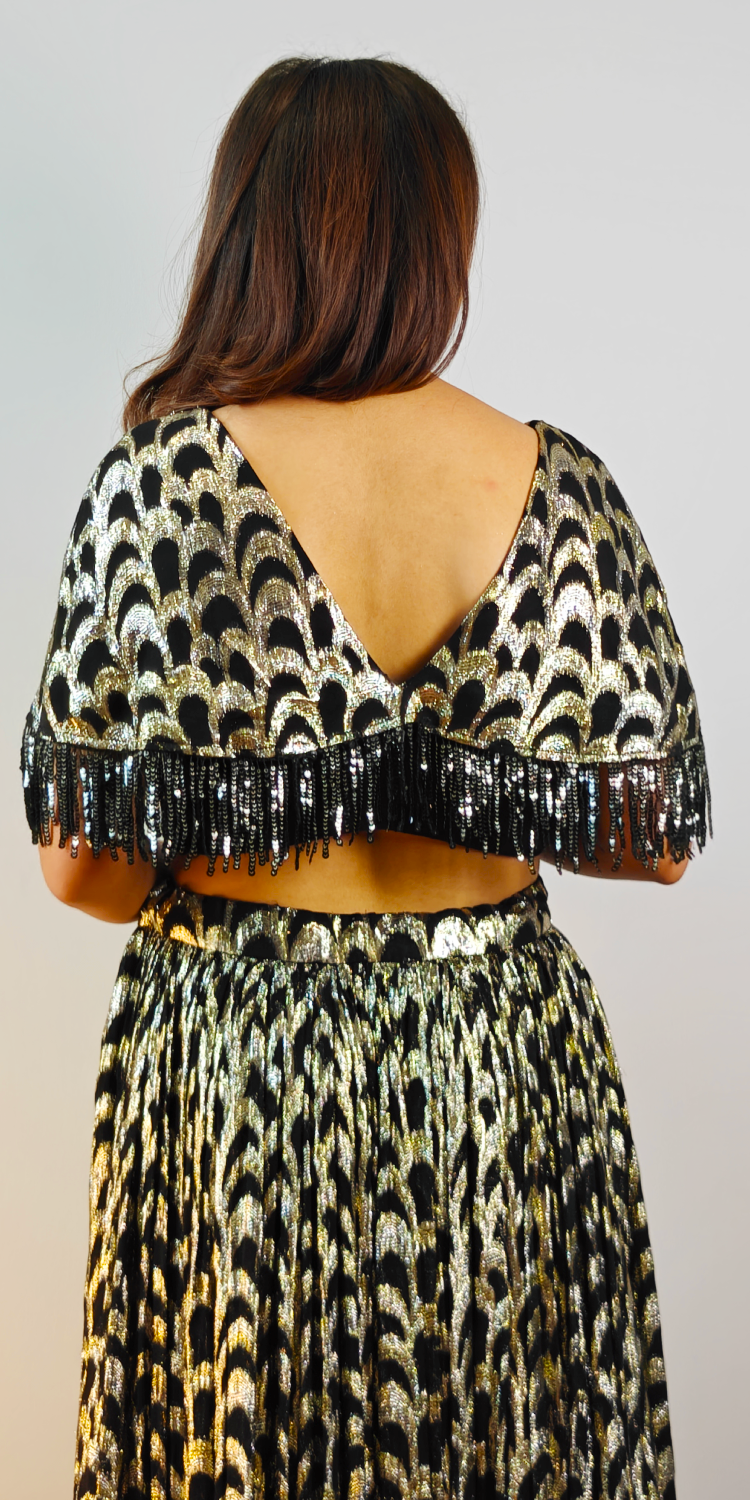 Ethereal Black & Gold Zari Crop-top Skirt Ensemble