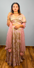 Ethereal pink and gold zari crop-top skirt ensemble with dupatta