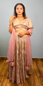 Ethereal pink and gold zari crop-top skirt ensemble with dupatta