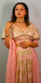 Ethereal pink and gold zari crop-top skirt ensemble with dupatta