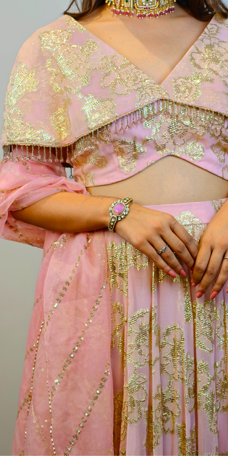 Ethereal pink and gold zari crop-top skirt ensemble with dupatta