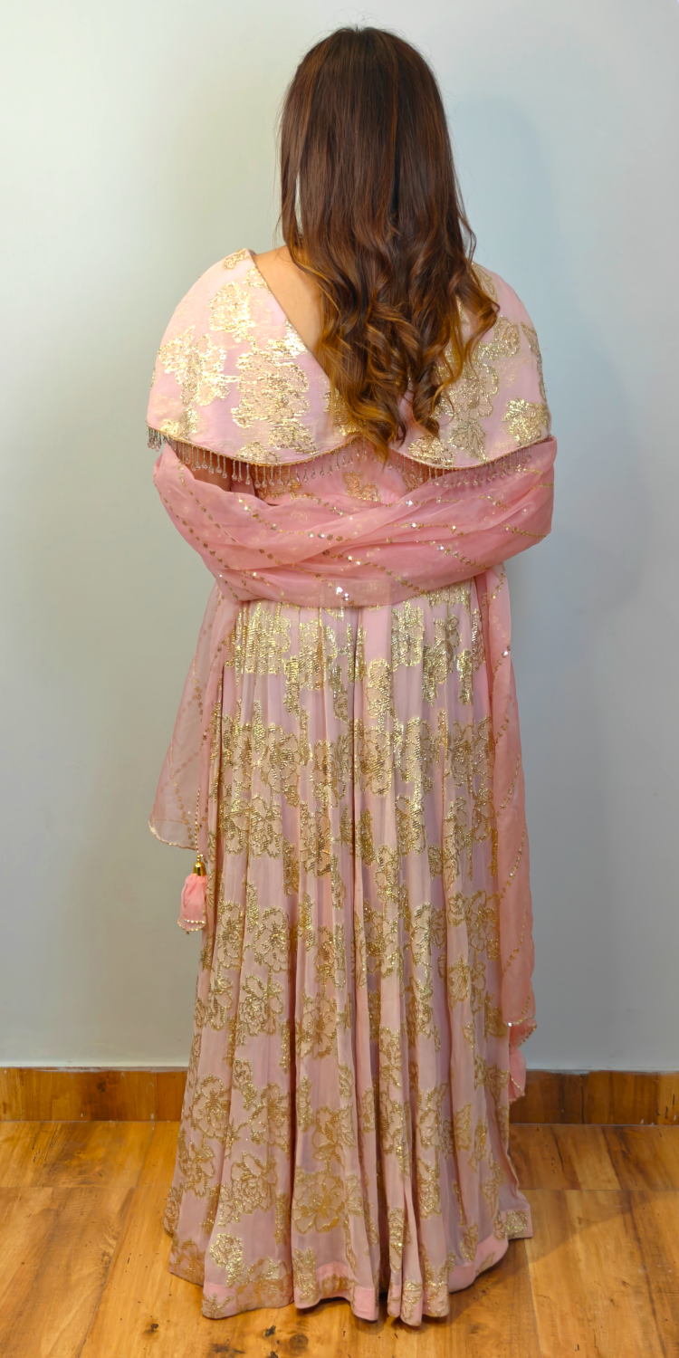 Ethereal pink and gold zari crop-top skirt ensemble with dupatta