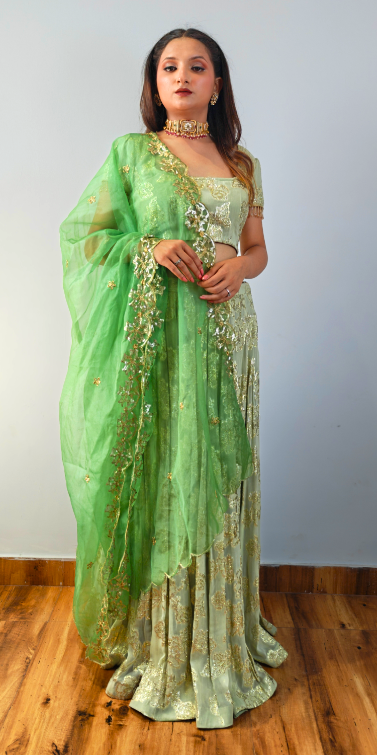 Lime Lux & Emerald Green Lehenga with Cutwork Dupatta