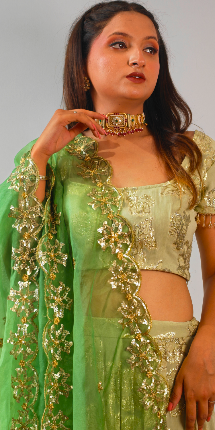 Lime Lux & Emerald Green Lehenga with Cutwork Dupatta