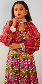 Fuchsia Flora Lehenga with Satin Cape