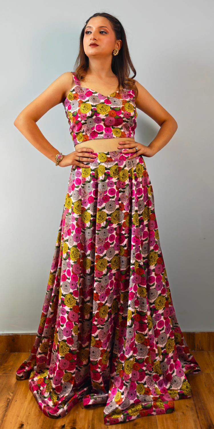 Fuchsia Flora Lehenga with Satin Cape