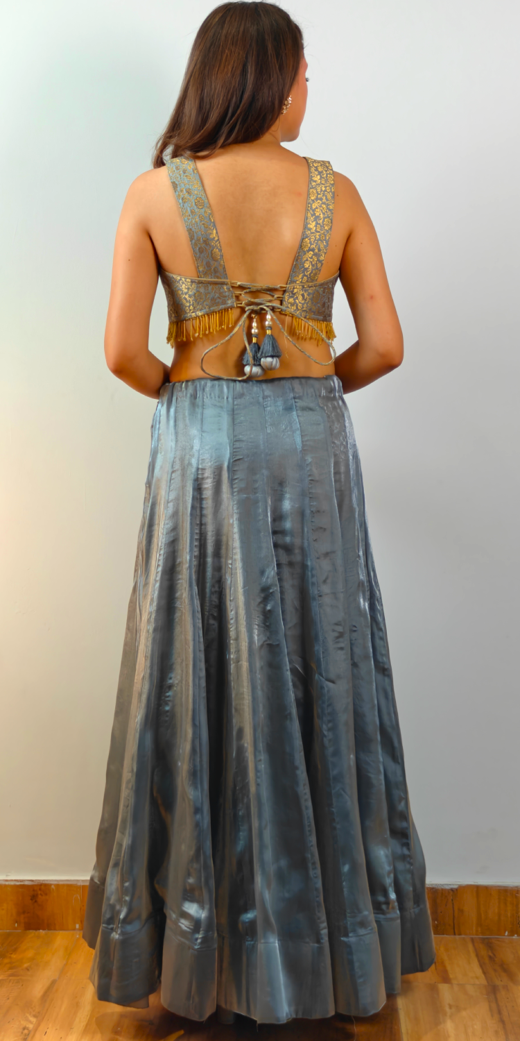 Regal Gold Corset Choli with Contemporary Lehenga