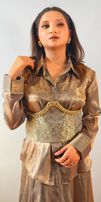 Moonlit Gold Indo-Western Shirt & Skirt Ensemble with Brocade Belt