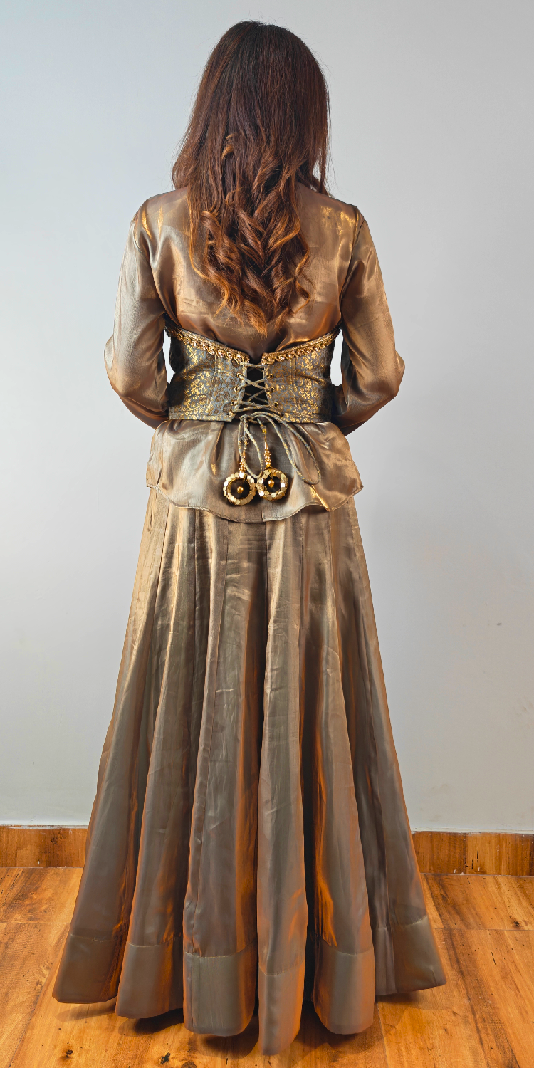Moonlit Gold Indo-Western Shirt & Skirt Ensemble with Brocade Belt