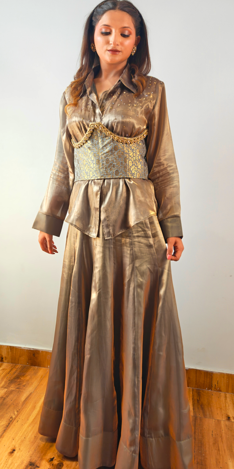 Moonlit Gold Indo-Western Shirt & Skirt Ensemble with Brocade Belt