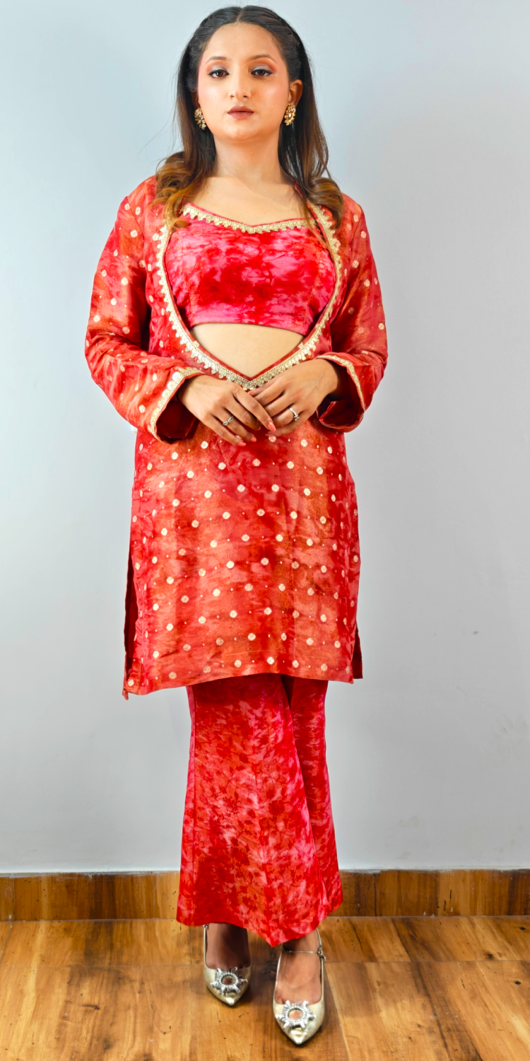 Scarlet Rose Embellished Three-Piece Kurta, Crop-Top & Pants Set