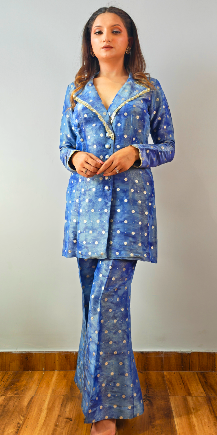 Celeste Blue Embellished Blazer-Style Kurta & Pants Set
