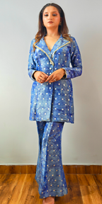 Celeste Blue Embellished Blazer-Style Kurta & Pants Set