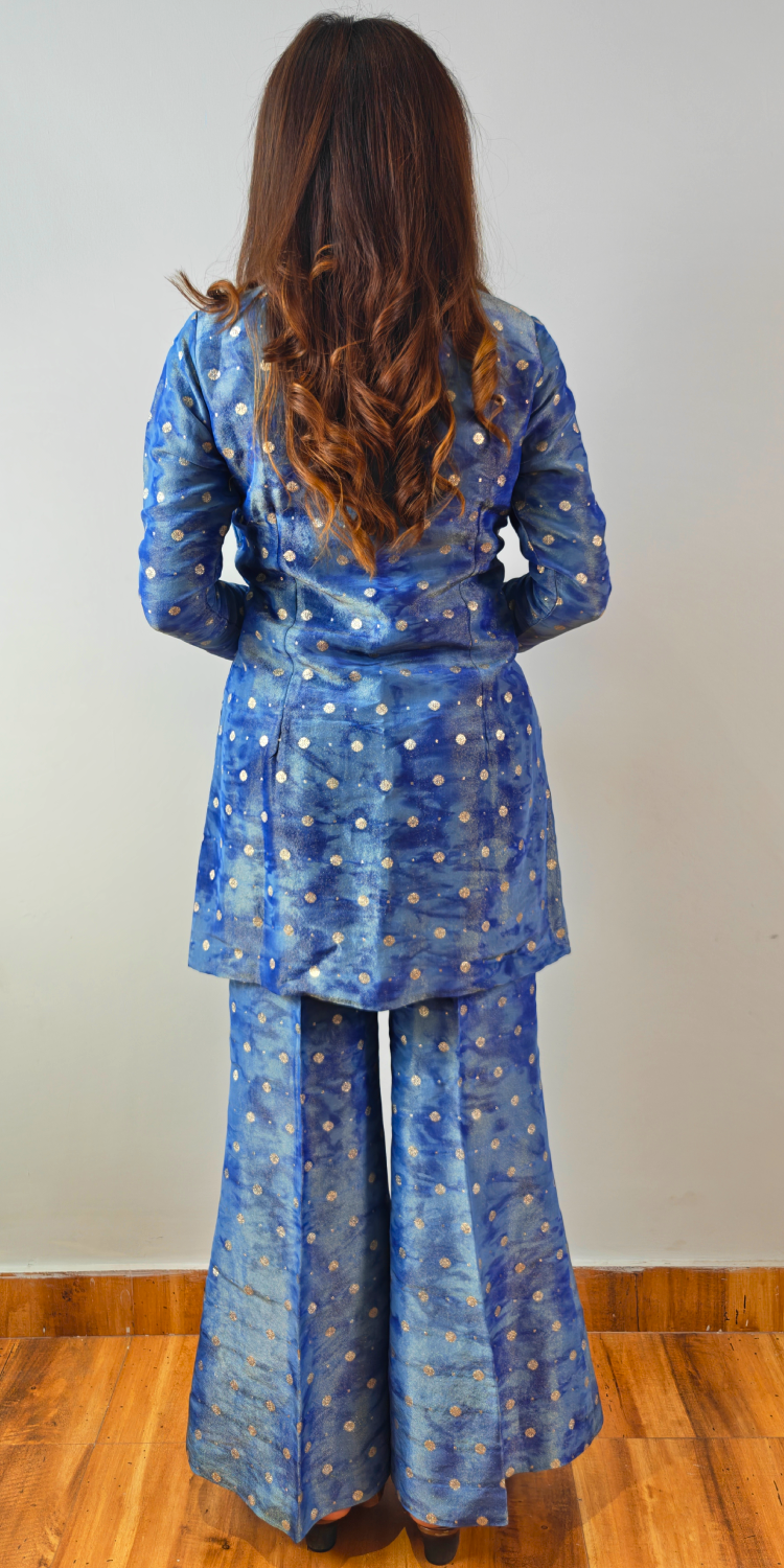 Celeste Blue Embellished Blazer-Style Kurta & Pants Set