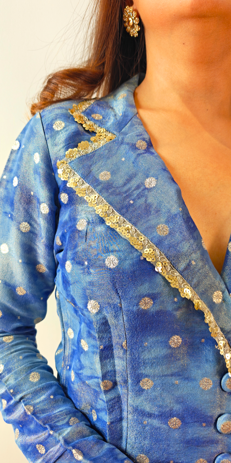 Celeste Blue Embellished Blazer-Style Kurta & Pants Set