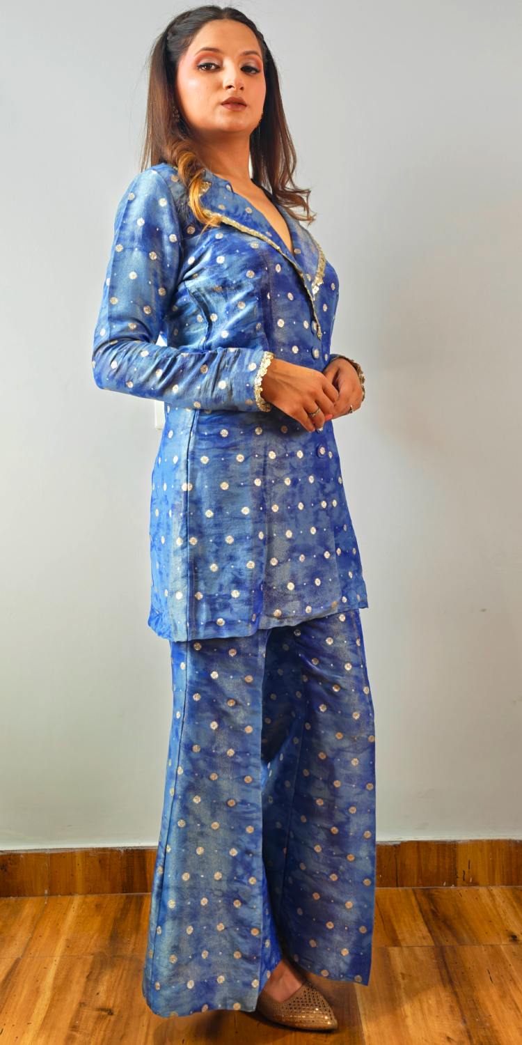 Celeste Blue Embellished Blazer-Style Kurta & Pants Set