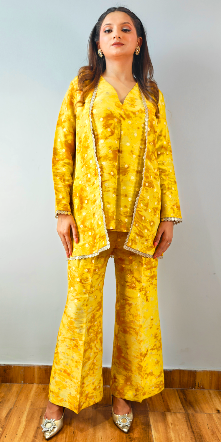 Sunrise Glow Yellow Three-Piece Kurta, Pant & Jacket Set