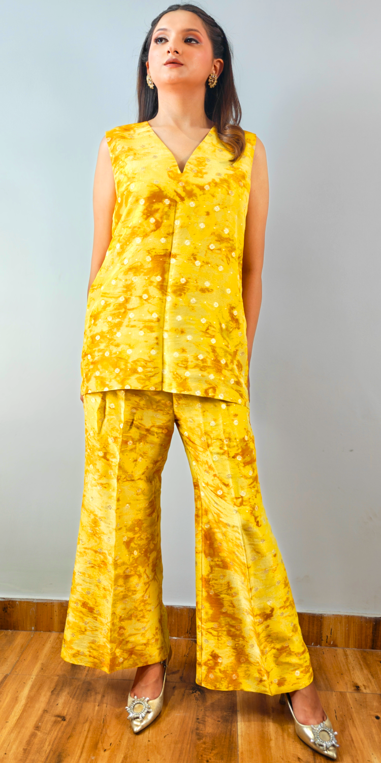 Sunrise Glow Yellow Three-Piece Kurta, Pant & Jacket Set
