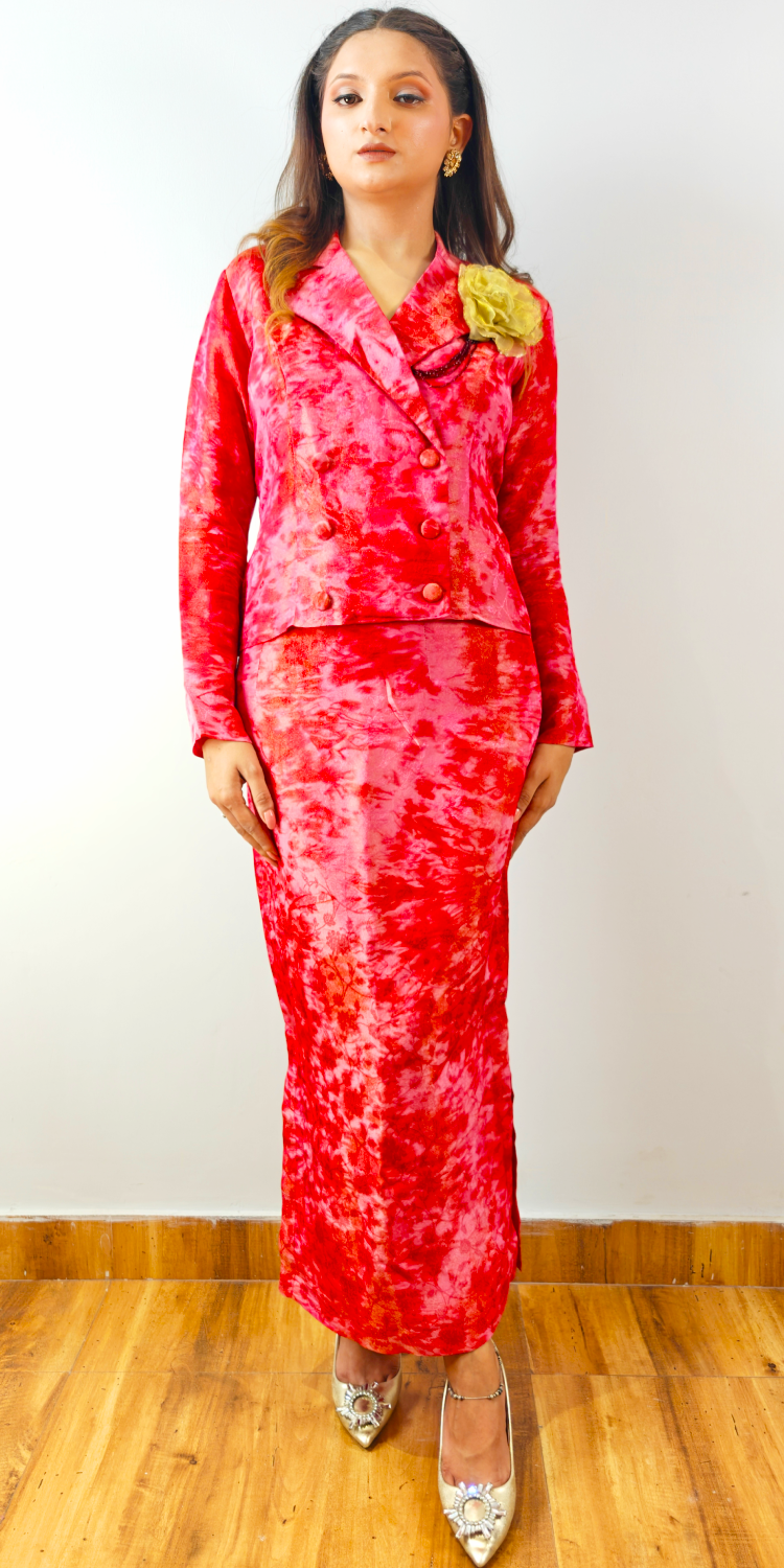 Crimson Red Crop Blazer & Straight Skirt Set